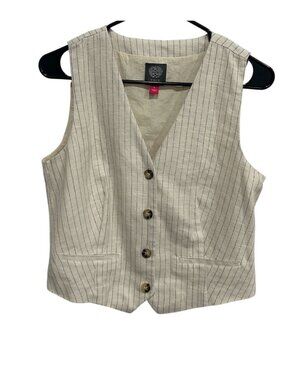 Vince Camuto Small Beige Pinstriped Button Down Vest Minimalist Light Academia